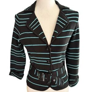ETCETERA striped snap closure belted collared sweater size XS